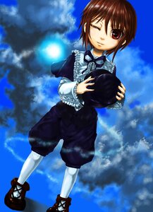 Rating: Safe Score: 0 Tags: 1girl brown_hair cloud day hat hat_removed headwear_removed holding_clothes holding_hat image one_eye_closed pantyhose red_eyes short_hair shorts sky smile solo souseiseki white_legwear User: admin