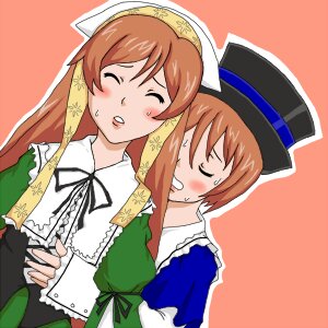 Rating: Safe Score: 0 Tags: 2girls blush brown_hair closed_eyes dress hat head_scarf image long_hair long_sleeves multiple_girls pair ribbon short_hair siblings simple_background sisters souseiseki suiseiseki teeth twins User: admin
