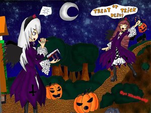 Rating: Safe Score: 0 Tags: 2girls cross dress food halloween happy_halloween hat image jack-o'-lantern lantern long_hair multiple_girls night pumpkin pumpkin_hair_ornament purple_eyes shijou_takane sky solo star_(sky) suigintou top_hat trick_or_treat wings User: admin