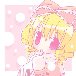 Rating: Safe Score: 0 Tags: 1girl blonde_hair bow drill_hair eyebrows_visible_through_hair hinaichigo image long_sleeves polka_dot polka_dot_background solo striped wide_sleeves User: admin