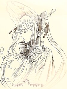 Rating: Safe Score: 0 Tags: 1girl bonnet breasts closed_mouth hair_ribbon image long_hair monochrome ribbon shinku sidelocks signature solo twintails upper_body User: admin