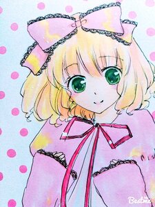 Rating: Safe Score: 0 Tags: 1girl blonde_hair bow eyebrows_visible_through_hair frills green_eyes hair_bow halftone halftone_background hina_ichigo hinaichigo image looking_at_viewer pink_bow polka_dot polka_dot_background ribbon short_hair smile solo traditional_media upper_body User: admin