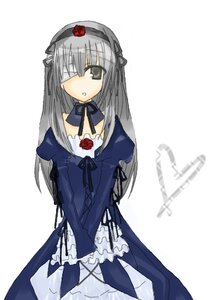 Rating: Safe Score: 0 Tags: 1girl dress eyepatch flower frills hairband image long_hair long_sleeves looking_at_viewer rose silver_hair simple_background solo suigintou white_background User: admin