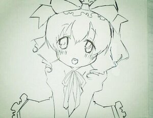 Rating: Safe Score: 0 Tags: 1girl blush dress hat hinaichigo image long_sleeves monochrome open_mouth short_hair solo traditional_media umbrella yakumo_ran User: admin