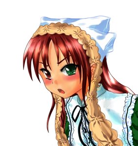 Rating: Safe Score: 0 Tags: 1girl :o blush braid dress frills green_eyes head_scarf heterochromia image long_hair looking_at_viewer open_mouth ribbon simple_background solo suiseiseki twin_braids twintails upper_body white_background User: admin