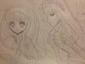 Rating: Safe Score: 0 Tags: 2girls akemi_homura bow dress hairband image lolita_hairband long_hair looking_at_viewer monochrome multiple_girls pair parted_lips shinku simple_background sketch suigintou traditional_media white_background User: admin