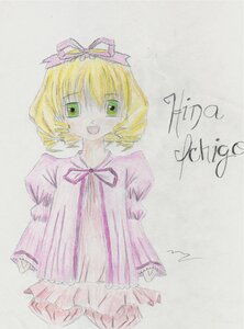 Rating: Safe Score: 0 Tags: 1girl blonde_hair dress green_eyes hina_ichigo hinaichigo image long_sleeves looking_at_viewer open_mouth pink_bow short_hair simple_background smile solo standing User: admin