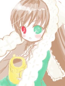 Rating: Safe Score: 0 Tags: 1girl bangs blush blush_stickers brown_hair dress green_eyes heterochromia image red_eyes solo suiseiseki User: admin