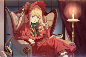 Rating: Safe Score: 0 Tags: 1girl armchair bangs blonde_hair blue_eyes blunt_bangs bonnet bow candle candlestand capelet chair closed_mouth commentary_request crossed_legs cup curtains dress flower green_bow holding holding_cup image indoors jewelry long_hair long_sleeves looking_at_viewer looking_away on_chair pink_flower pink_rose red_capelet red_dress red_lips ring rose rozen_maiden saucer shinku sidelocks sitting solo teacup twintails zema_haru User: admin