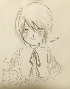 Rating: Safe Score: 0 Tags: 1girl blush eyebrows_visible_through_hair frills graphite_(medium) image looking_at_viewer monochrome no_hat no_headwear photo short_hair smile solo souseiseki traditional_media upper_body User: admin