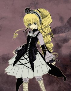 Rating: Safe Score: 0 Tags: 1girl blonde_hair blue_eyes dress drill_hair fishnet_legwear fishnets frills gothic_lolita hat image lolita_fashion long_hair long_sleeves solo suigintou User: admin