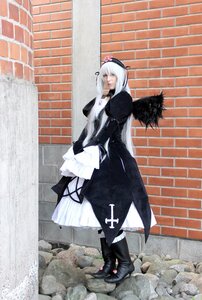 Rating: Safe Score: 0 Tags: 1girl black_dress brick_wall dress flower frills gothic_lolita hat lolita_fashion long_hair long_sleeves solo standing suigintou tiles white_hair User: admin