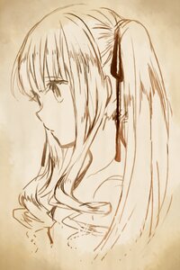Rating: Safe Score: 0 Tags: 1girl bangs black_ribbon brown_background closed_mouth eyebrows_visible_through_hair hair_ribbon image long_hair monochrome ponytail profile ribbon shinku sketch solo User: admin