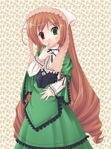 Rating: Safe Score: 0 Tags: 1girl blush brown_hair dress drill_hair frills green_dress green_eyes heterochromia image long_hair long_sleeves red_eyes solo suiseiseki tears text_focus very_long_hair User: admin