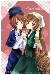 Rating: Safe Score: 0 Tags: 2girls argyle argyle_background blue_dress brown_hair checkered checkered_background checkered_floor dress drill_hair green_dress green_eyes hat heterochromia holding_hands image interlocked_fingers long_hair long_sleeves looking_at_viewer multiple_girls pair red_eyes short_hair siblings sisters smile souseiseki suiseiseki top_hat twins User: admin