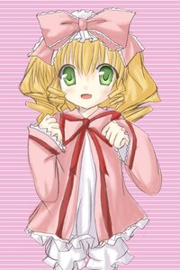 Rating: Safe Score: 0 Tags: 1girl :d blonde_hair bloomers blush bow cowboy_shot dress drill_hair frills green_eyes hina_ichigo hinaichigo image long_sleeves looking_at_viewer open_mouth pink_background pink_bow simple_background smile solo striped striped_background white_bloomers User: admin