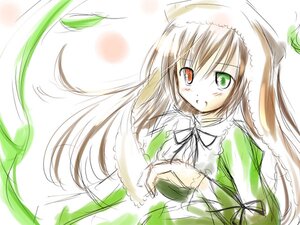 Rating: Safe Score: 0 Tags: 1girl black_ribbon brown_hair dress green_dress green_eyes hat heterochromia image long_hair long_sleeves looking_at_viewer red_eyes simple_background solo suiseiseki twintails upper_body very_long_hair white_background User: admin