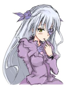 Rating: Safe Score: 0 Tags: 1girl barasuishou dress eyepatch flower green_eyes hair_flower hair_ornament image juliet_sleeves long_hair long_sleeves pocky puffy_sleeves purple_dress rose silver_hair solo upper_body User: admin