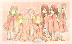 Rating: Safe Score: 0 Tags: 6+girls blonde_hair blue_eyes bow closed_eyes costume_switch dress frills front_ponytail green_eyes green_hair hair_bow hina_ichigo image kagiyama_hina long_hair long_sleeves multiple_girls one_eye_closed open_mouth pajamas pink_bow pink_dress ribbon smile User: admin