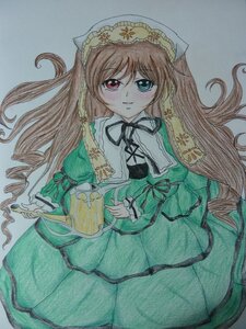 Rating: Safe Score: 0 Tags: 1girl brown_hair dress drill_hair frills green_dress heterochromia image long_hair long_sleeves looking_at_viewer red_eyes ribbon simple_background smile solo suiseiseki traditional_media twin_drills very_long_hair User: admin