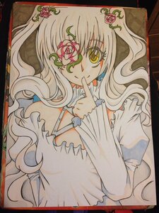 Rating: Safe Score: 0 Tags: 1girl finger_to_mouth flower hair_flower hair_ornament image kirakishou long_hair long_sleeves looking_at_viewer marker_(medium) photo pink_flower pink_rose puffy_sleeves red_flower red_rose rose shikishi shushing smile solo thorns traditional_media upper_body wavy_hair white_hair yellow_eyes User: admin