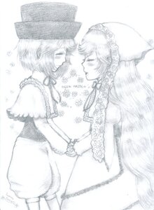 Rating: Safe Score: 0 Tags: 2girls capelet closed_eyes dress greyscale hat image long_hair long_sleeves looking_at_another monochrome multiple_girls pair profile short_hair smile souseiseki suiseiseki yuri User: admin