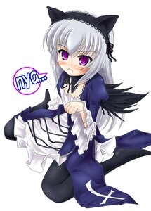 Rating: Safe Score: 0 Tags: 1girl animal_ears bangs black_legwear blush cat_ears commentary_request dress fake_animal_ears frills hairband image katsuragi_niya long_hair long_sleeves pantyhose photoshop_(medium) purple_eyes rozen_maiden silver_hair sitting solo striped suigintou wariza wings User: admin