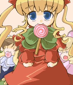 Rating: Safe Score: 0 Tags: 3girls blonde_hair blue_eyes bow candy dress food image lollipop long_hair long_sleeves mouth_hold multiple_girls shinku solo swirl_lollipop User: admin