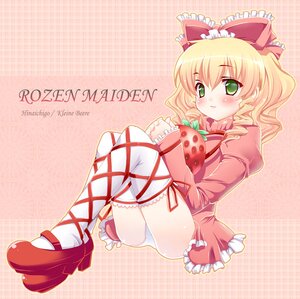 Rating: Safe Score: 0 Tags: 1girl blonde_hair blush bow checkered checkered_background dress drill_hair food frills fruit green_eyes hina_ichigo hinaichigo image long_sleeves object_namesake pink_background pink_bow polka_dot ribbon shoes sitting solo strawberry thighhighs underwear white_legwear white_panties User: admin