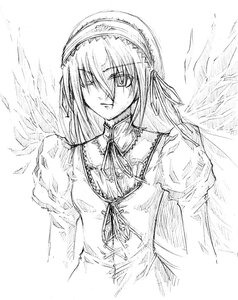 Rating: Safe Score: 0 Tags: 1girl angel_wings dress feathered_wings greyscale hair_over_one_eye hairband image long_sleeves looking_at_viewer monochrome puffy_sleeves ribbon solo suigintou upper_body wings User: admin