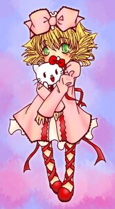 Rating: Safe Score: 0 Tags: 1girl blonde_hair bow dress full_body gradient gradient_background green_eyes hina_ichigo hinaichigo image long_sleeves pink_bow pink_dress purple_background ribbon short_hair solo standing User: admin