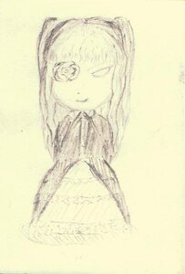 Rating: Safe Score: 0 Tags: 1girl image kirakishou long_hair looking_at_viewer monochrome simple_background sketch smile solo upper_body yellow_theme User: admin