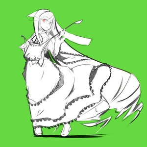 Rating: Safe Score: 0 Tags: 1girl dress frills full_body green_background green_eyes green_theme heterochromia holding image long_hair monochrome red_eyes simple_background solo spot_color suiseiseki User: admin