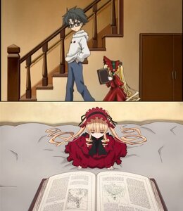 Rating: Safe Score: 0 Tags: 1boy 1girl blonde_hair bonnet book dress glasses hairband image lolita_fashion long_hair lying shinku solo User: admin