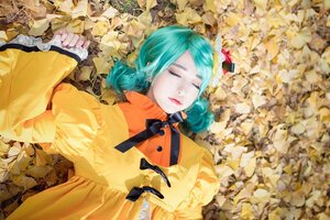 Rating: Safe Score: 0 Tags: 1girl aqua_hair autumn_leaves closed_eyes dress flower kanaria leaf lips long_sleeves lying on_back orange_dress sleeves_past_wrists solo yellow_dress User: admin