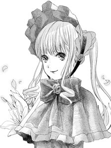 Rating: Safe Score: 0 Tags: 1girl bonnet bow bowtie capelet flower greyscale image long_hair looking_at_viewer monochrome petals shinku simple_background smile solo striped traditional_media upper_body white_background User: admin