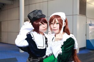 Rating: Safe Score: 0 Tags: 2girls brown_hair dress green_eyes hat indoors long_hair long_sleeves looking_at_viewer multiple_cosplay multiple_girls photo siblings sisters smile suiseiseki tagme twins User: admin