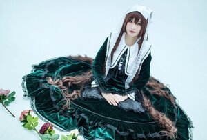 Rating: Safe Score: 0 Tags: 1girl brown_hair dress flower frills head_scarf long_hair long_sleeves looking_at_viewer monster_girl plant sitting solo suiseiseki wide_sleeves User: admin