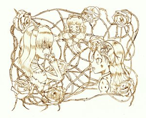 Rating: Safe Score: 0 Tags: 3girls flower hair_ornament image long_hair monochrome multiple multiple_girls rose tagme thorns two_side_up vines User: admin