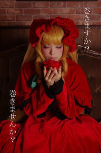 Rating: Safe Score: 0 Tags: 1girl blonde_hair bonnet character_name closed_eyes copyright_name dress english_text flower holding long_hair long_sleeves red_dress red_flower red_rose rose shinku sitting solo User: admin