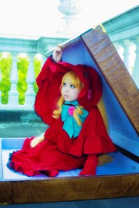 Rating: Safe Score: 0 Tags: 1girl blonde_hair blue_eyes dress hood long_sleeves red_dress rose shinku solo water User: admin