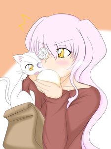 Rating: Safe Score: 0 Tags: 1girl bag bangs blush cat holding holding_food image kirakishou long_hair long_sleeves solo sweater upper_body yellow_eyes User: admin