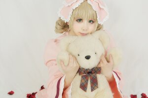 Rating: Safe Score: 0 Tags: 1girl bangs blonde_hair bow hinaichigo holding_stuffed_toy long_sleeves looking_at_viewer pink_bow solo striped stuffed_animal upper_body User: admin