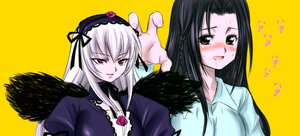 Rating: Safe Score: 0 Tags: 2girls black_wings blush dress frills hairband image kakizaki_megu long_hair long_sleeves multiple_girls silver_hair smile solo suigintou tongue wings yellow_background User: admin