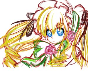 Rating: Safe Score: 0 Tags: 1girl blonde_hair blue_eyes flower hat hat_ribbon image long_hair looking_at_viewer pink_rose red_flower red_rose ribbon rose shinku simple_background solo white_background User: admin
