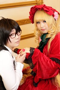 Rating: Safe Score: 0 Tags: 2girls blonde_hair blue_eyes bonnet dress drill_hair flower glasses lace lips long_hair long_sleeves multiple_girls red_dress rose sakurada_jun shinku solo User: admin