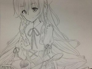 Rating: Safe Score: 0 Tags: 1girl braid greyscale hat image long_hair looking_at_viewer monochrome neck_ribbon puffy_short_sleeves puffy_sleeves ribbon smile solo suiseiseki traditional_media User: admin