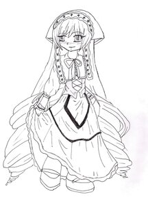Rating: Safe Score: 0 Tags: 1girl blush closed_mouth dress eyebrows_visible_through_hair full_body greyscale image long_hair long_sleeves looking_at_viewer monochrome sleeves_past_wrists solo standing suiseiseki very_long_hair white_background wide_sleeves User: admin