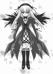 Rating: Safe Score: 0 Tags: 1girl black_wings blush boots dress frills full_body greyscale hairband image long_hair long_sleeves looking_at_viewer monochrome ribbon solo standing suigintou wings User: admin