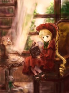 Rating: Safe Score: 0 Tags: 1girl blonde_hair bonnet book bow chair cup curtains dress drill_hair green_eyes image long_hair long_sleeves red_dress saucer shinku sitting solo table tea teacup very_long_hair window User: admin